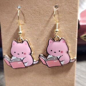 Pink Cat with Book Earrings – Whimsical & Bookish Jewelry